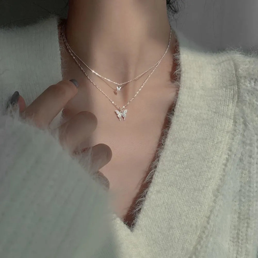 SUMENG 2023 Simple Double Layer Star Moon Charm  Multilayered Necklace Delicate Clavicle Chain Zircon For Women Fashion Jewelry