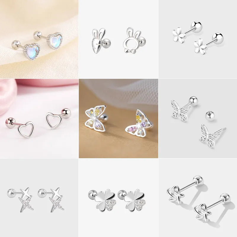 Korean 925 Silver Needles Tragus Piercing Helix Studs Earrings for Women 2Pc Butterfly Heart Trendy Ear Piercing Body Jewelry