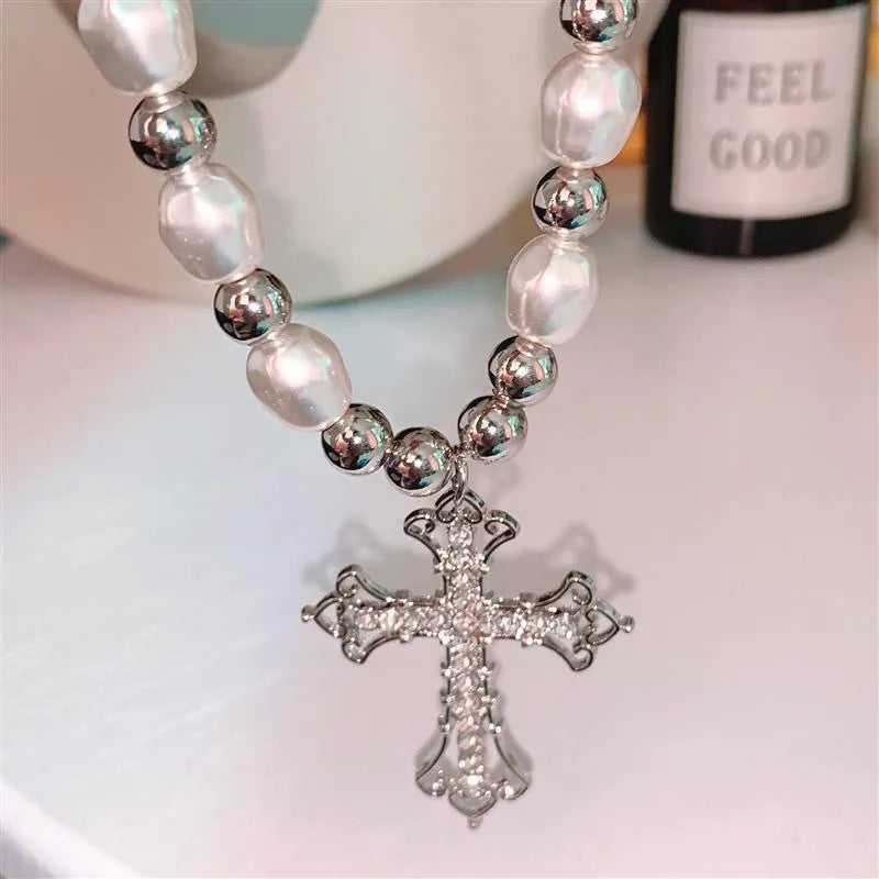 2022 Trendy Pearl Cross Pendant Necklace Hip Hop Retro Men Women Religious Jewelry Boys Girls Anniversary Party Birthday Gifts