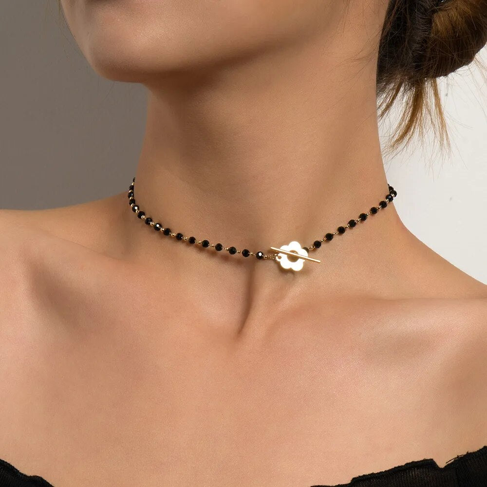 SUMENG 2023 New Fashion Luxury Black Crystal Glass Bead Chain Choker Necklace For Women Flower Lariat Lock Collar Necklace Gifts