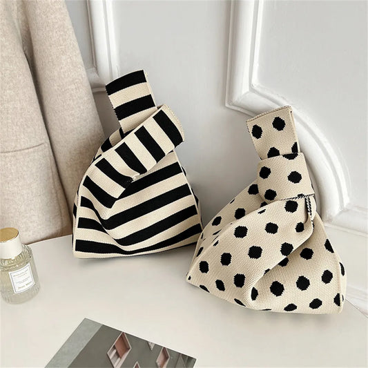 20*35cm Niche Design Polka Dot And Stripe Knitted Handbag One Shoulder Korean Style Trendy Versatile Tote Bag Can Be Customized