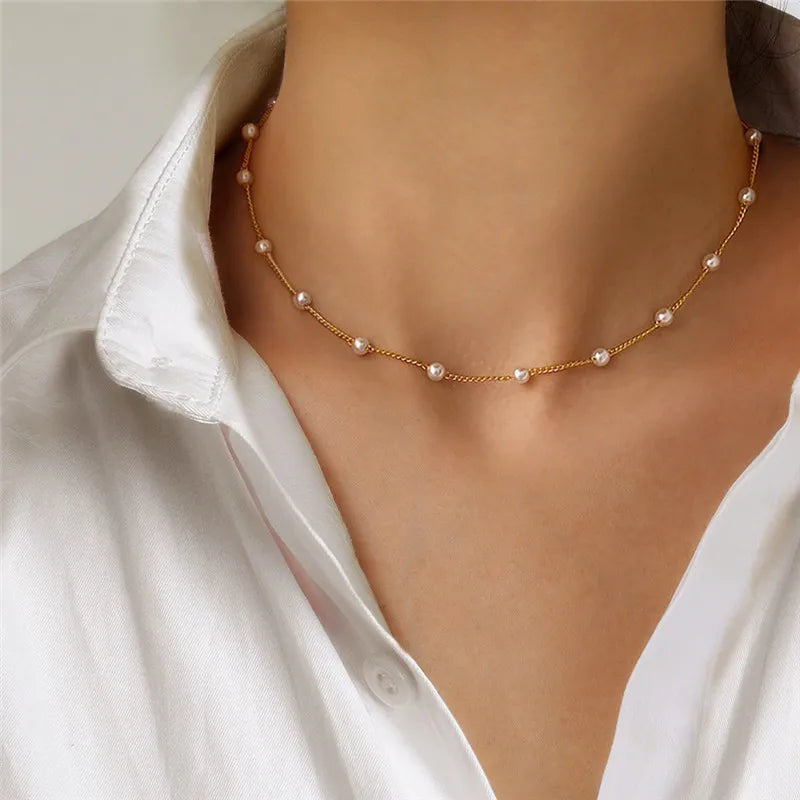 New Beads Women's Neck Chain Kpop Pearl Choker Necklace Gold Color Goth Chocker Jewelry On The Neck Pendant 2022 Collar For Girl