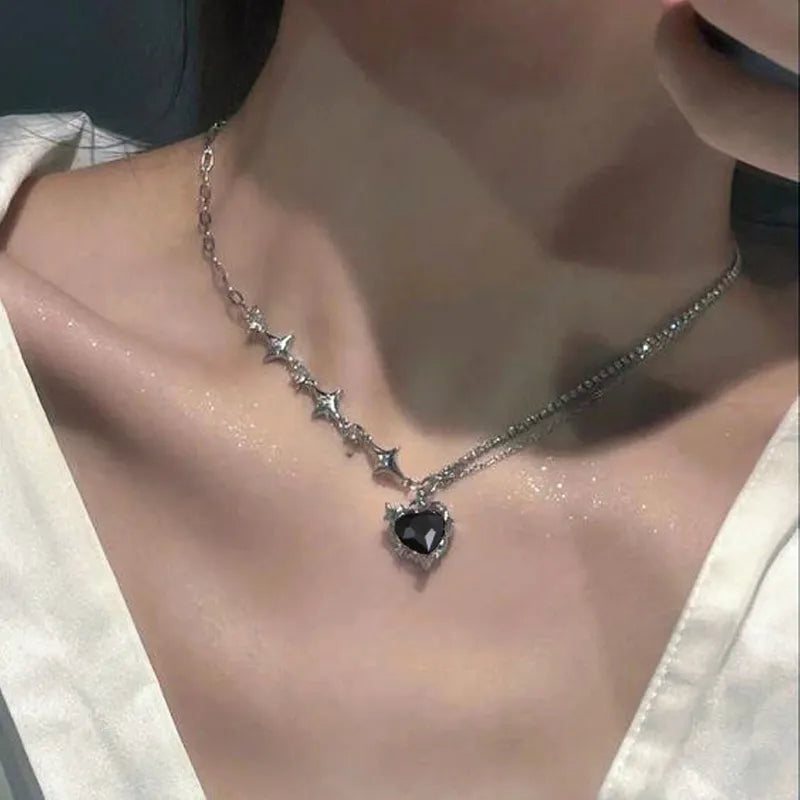 Y2K Purple Crystal Heart Pendant Necklace Women Sweet Cool Girl Punk Clavicle Chain Fashion Aesthetic Necklace Jewelry Gift 2023