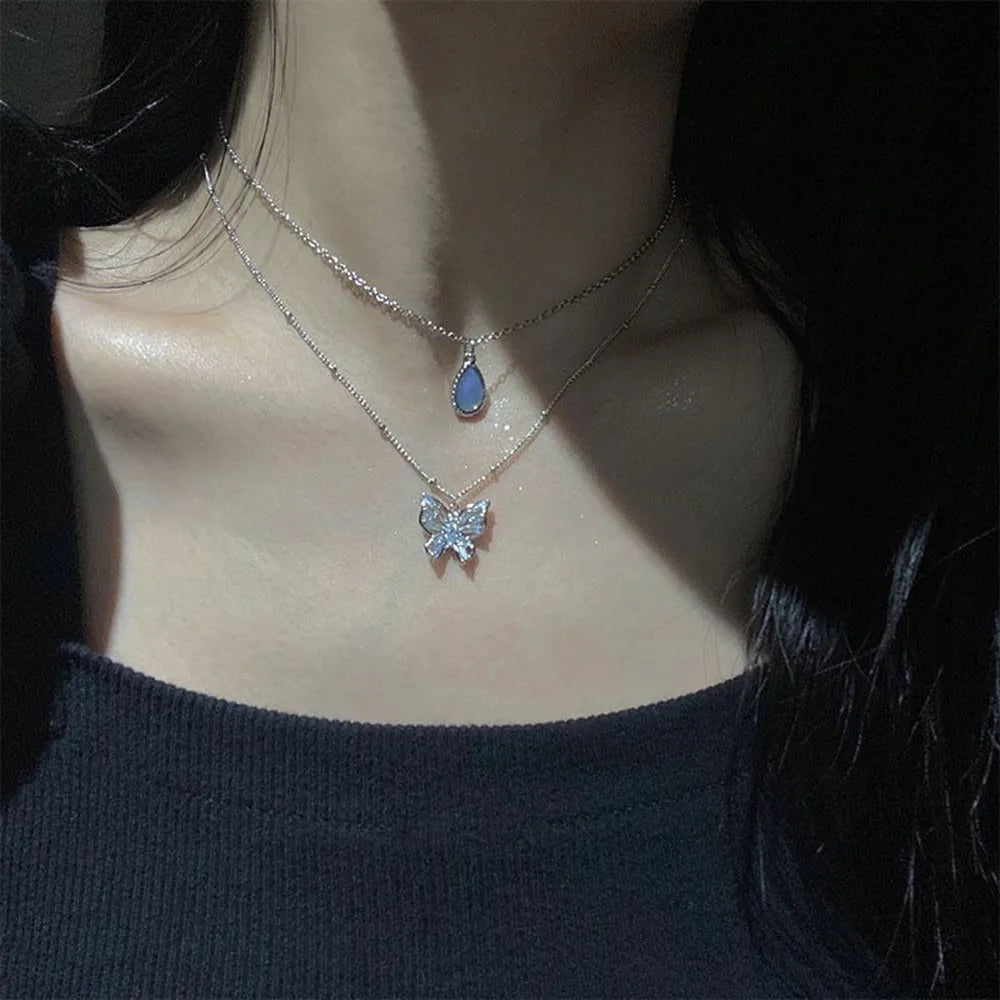 SUMENG 2023 Simple Double Layer Star Moon Charm  Multilayered Necklace Delicate Clavicle Chain Zircon For Women Fashion Jewelry