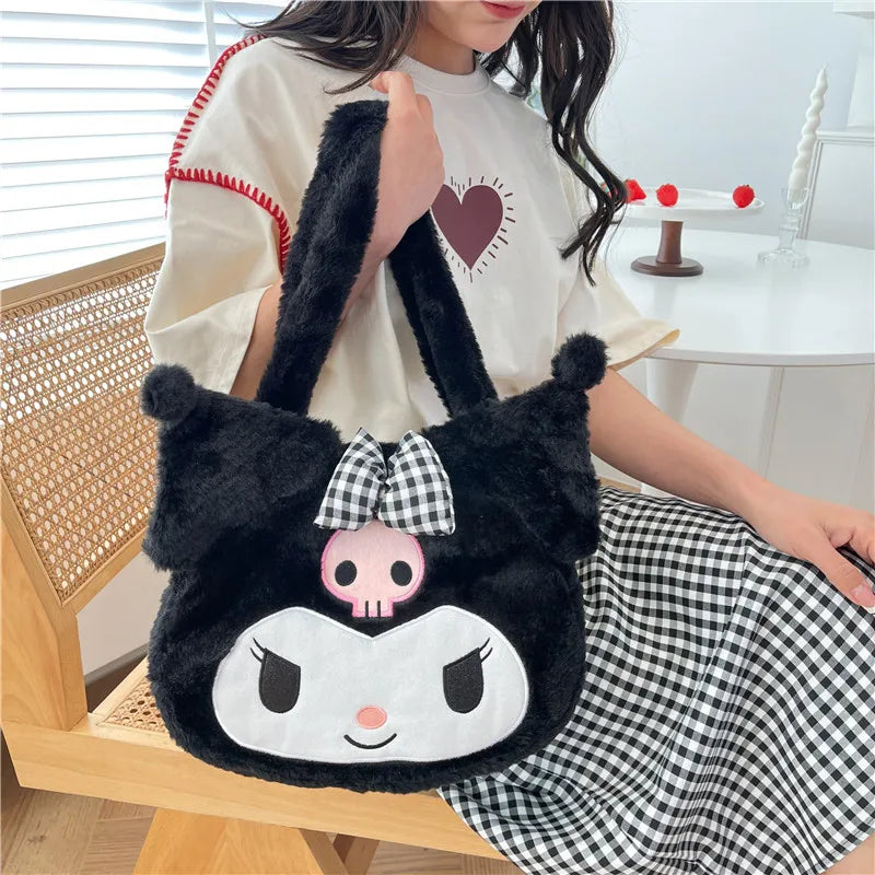 Kawaii Sanrio Plush Cinnamoroll Melody Kuromi Women Tote Handbags Shoulder Bags Fashion Female Messenger Bags Purses Xmas Gifts
