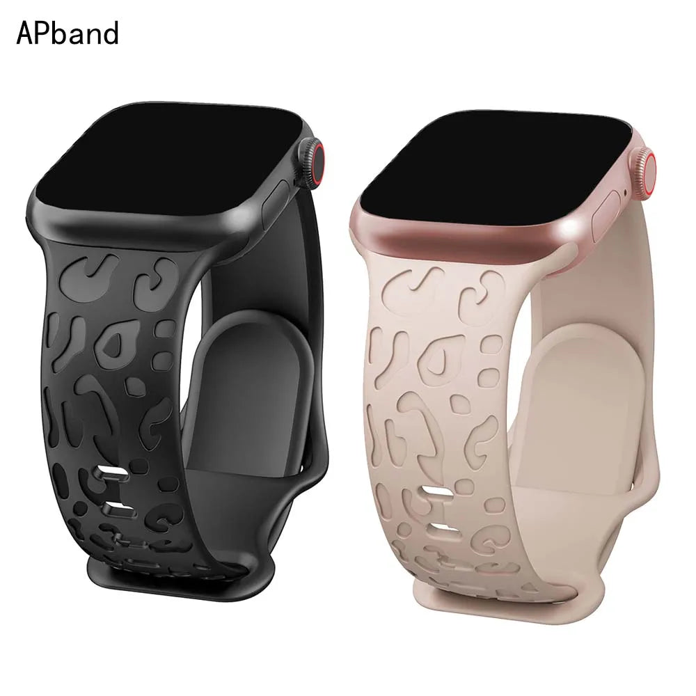 Engraved Strap For Apple Watch Band 44mm 40mm 45mm 49mm 41mm 38mm 42mm Leopard silicone bracelet iwatch series 7 se 3 6 8 ultra